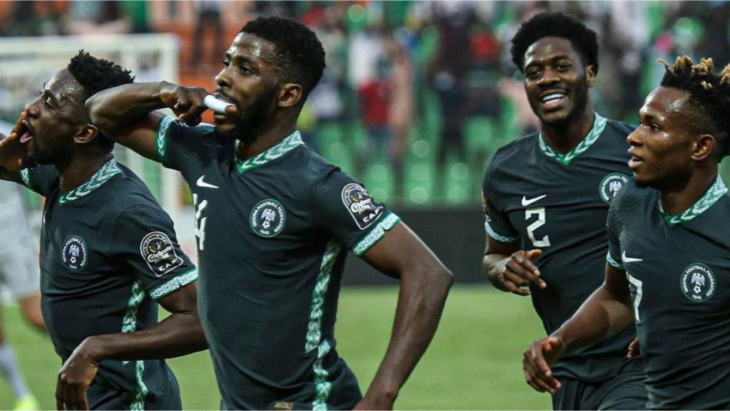 Kelechi Iheanacho, Wilfred Ndidi, Samuel Chukwueze and Ola Aina celebrating Nigeria's goal against Egypt on Tuesday