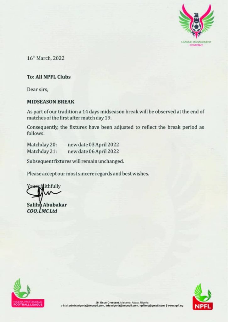 LMC's letter to NPFL clubs