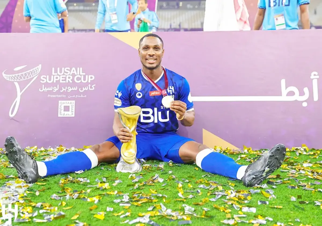 Odion Ighalo celebrating winning the Lusail Super Cup with Al Hilal