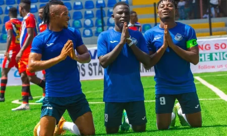 Enyimba players celebrating their goal against Lobi Stars at the NPFL Super 6