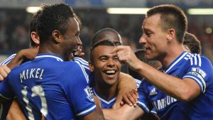 Mikel Obi, John Terry, Ashley Cole celebrates after a goal. Mikel Obi spent 11 years at Chelsea 