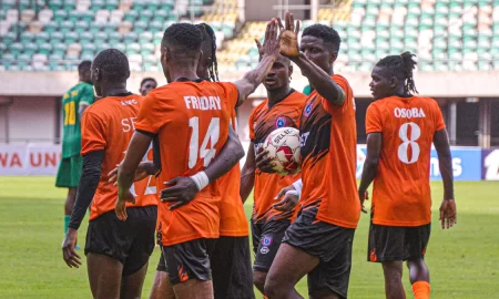 Akwa United players celebrating IN THE NPFL