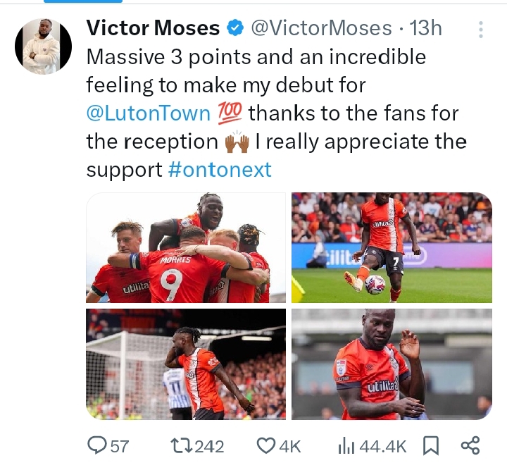 Victor Moses delighted with winning debut for Luton Town