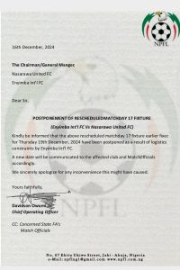 NPFL letter to Nasarrawa United confirming postponement of the match