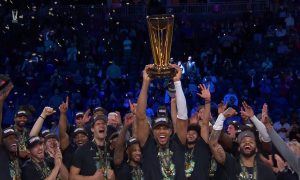 Giannis lifting the NBA Cup