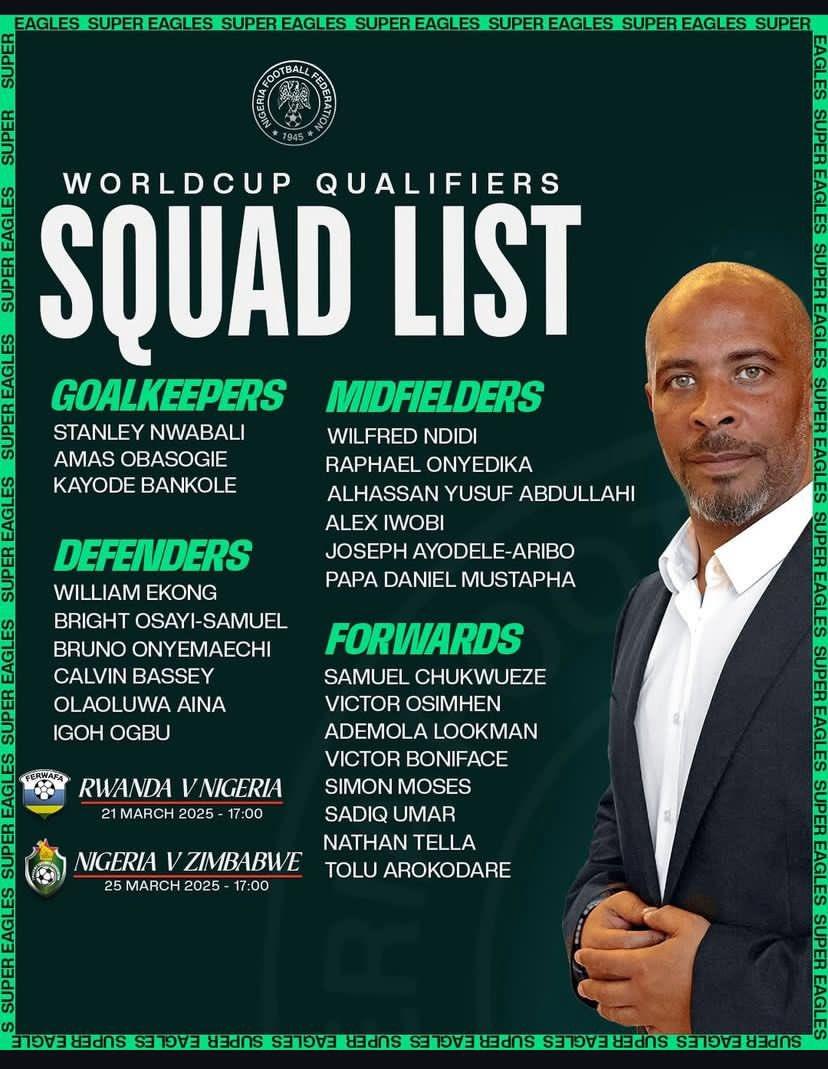 Super Eagles head coach, Eric Chelle, has announced a 23-man squad for the upcoming FIFA World Cup qualifiers against Rwanda and Zimbabwe.